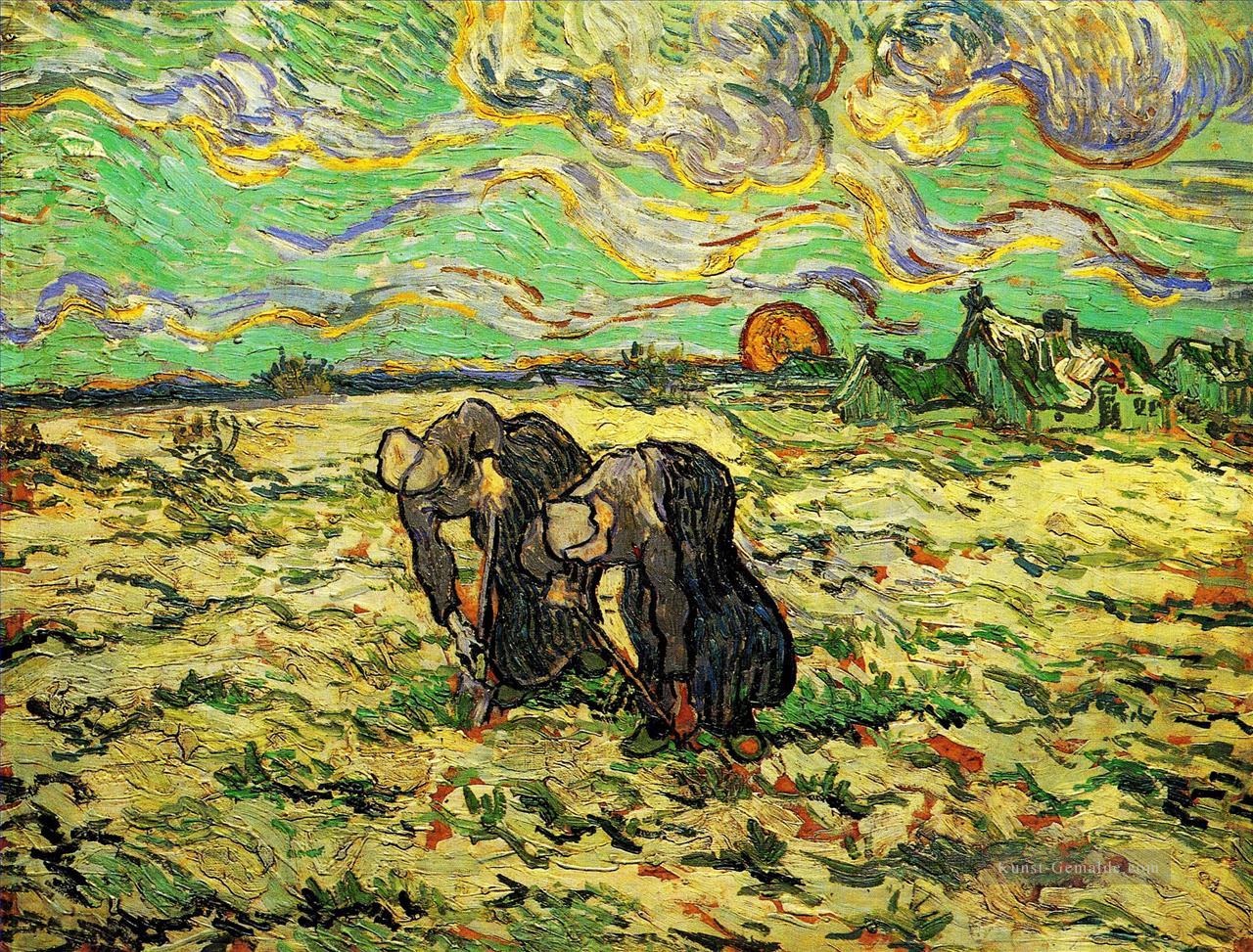 Zwei Bäuerinnen Graben auf dem Gebiet mit Schnee Vincent van Gogh Ölgemälde